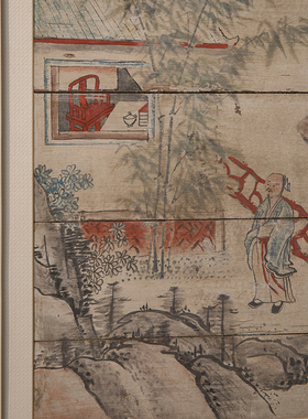 清代木板彩绘山水人物画板