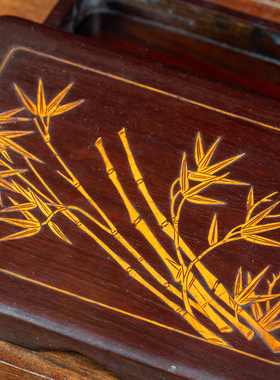 红木嵌黄杨竹纹盖盒摆件