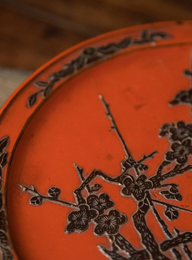 清代朱漆梅花纹高足呈盘老物件文玩古董收藏大漆艺术品摆件文房盘