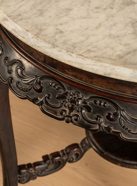 红木浮雕花卉纹三弯腿石面圆台