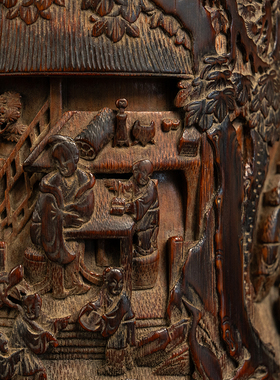 竹雕文人雅集笔筒摆件