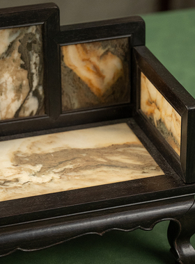 紫檀镶云石三弯腿五屏式罗汉床