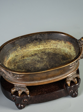 铜兽耳四足随形炉（红木盖座）