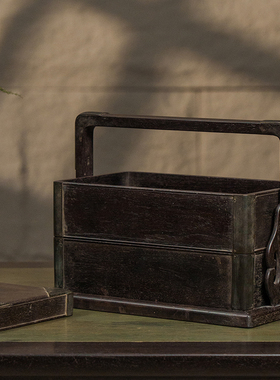 清早期紫檀铜包角两撞提梁盒