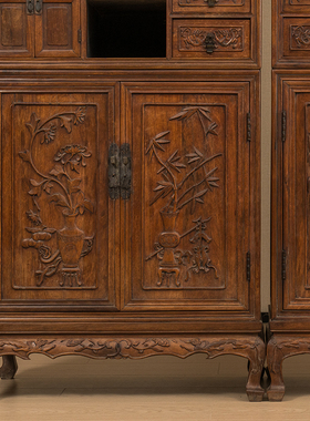 红木浮雕梅兰竹菊清供图博古柜