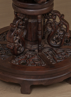 红木镶云石透雕龙纹百灵台