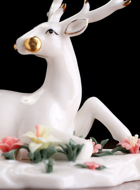 素茗《祥鹿献瑞》陶瓷花鹿摆件
