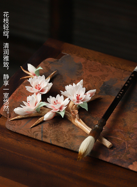 纯手工手捏陶瓷桃花枝摆件礼物