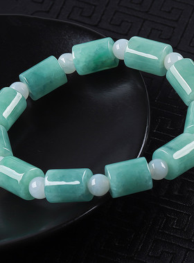 天然缅甸翡翠A货冰糯种豆绿飘蓝花男女情侣款玉石手链手串礼品戴