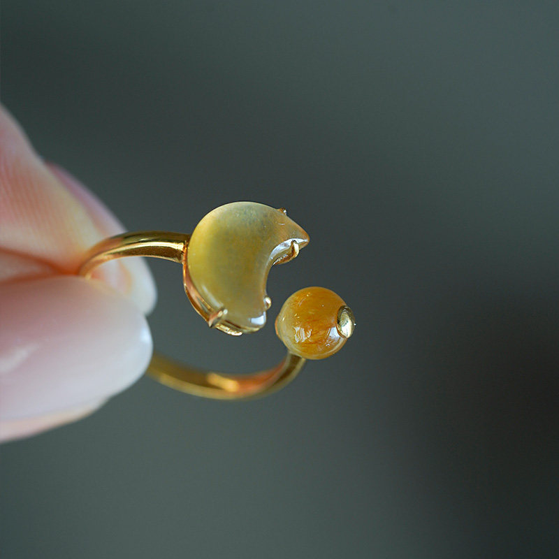 Good Weapon Sun, Moon and Eye Double Ring Series Natural A-grade High Ice Jade Ring Women’s Design 18K Gold
