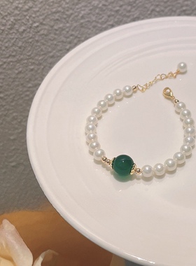 白贝珠绿玛瑙圆珠手链女显白显瘦单圈国风手串复古新中式简约百搭