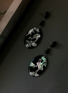 非遗螺钿耳环天然雕刻蝶贝耳坠黑色椭圆形夸张大耳钉原创设计耳饰