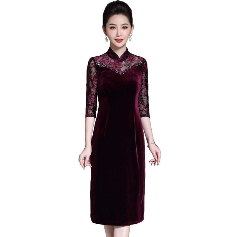 喜婆婆婚宴装高贵秋天丝绒装连衣裙 茗绣旗袍