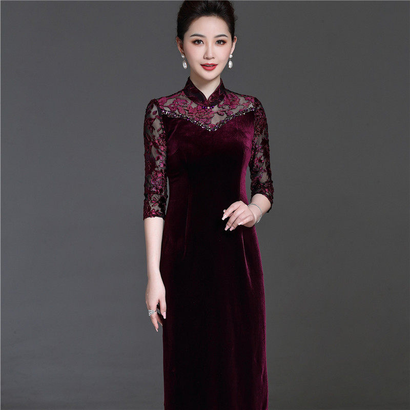 喜婆婆婚宴装高贵秋天丝绒装连衣裙 茗绣旗袍