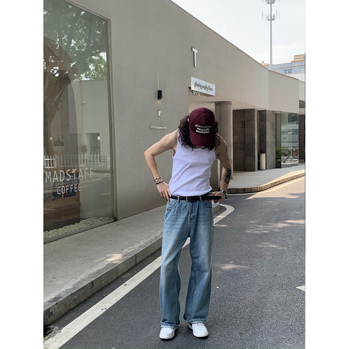 RonnShop日系宽松休闲复古浅蓝色牛仔长裤 - 图0