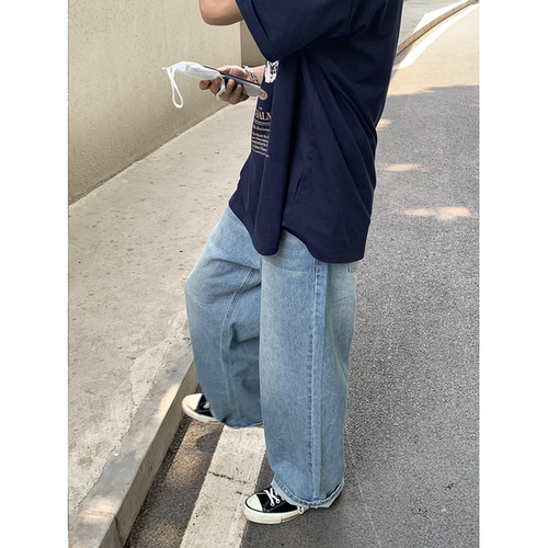 RonnShop日系宽松休闲复古浅蓝色牛仔长裤 - 图2