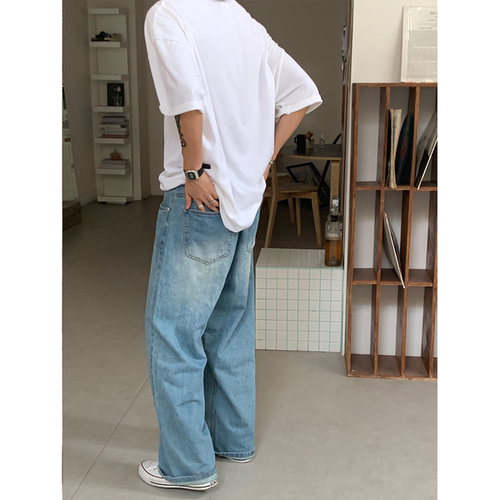 RonnShop日系宽松休闲复古浅蓝色牛仔长裤 - 图1