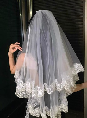 法式洛丽塔Lolita白色蕾丝头纱女新娘优雅高级感万圣节cos头饰