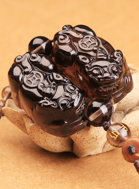 黑曜石公母貔貅一对钥匙扣双貔貅貔恘招财玉吊坠汽车一公一母挂件