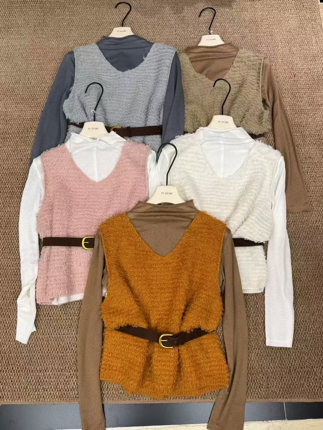 PY 2025秋冬新高品质半高领打底上衣V领毛毛马甲2件套套装配皮带 - 图2