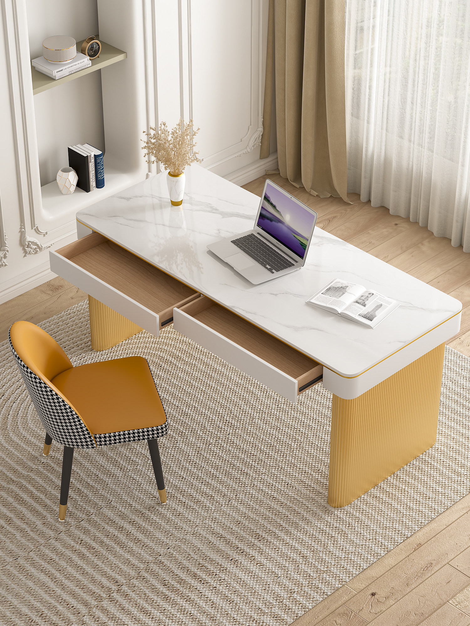 梵尔丹顿法式奶油风白色岩板书桌家用电脑桌写字学习桌卧室工作台