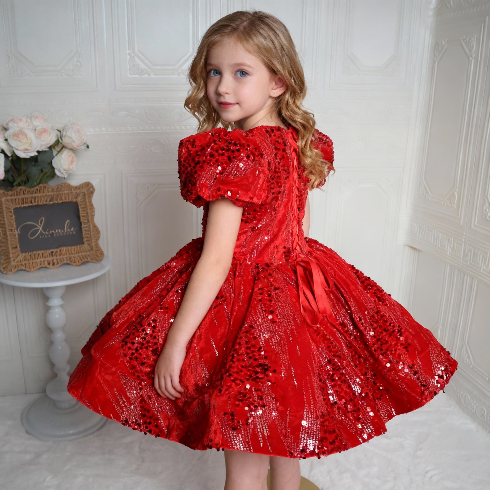 欣入荷红色亮片泡泡袖公主裙女童花童喜庆演出服蓬蓬裙儿童礼服潮,淘宝优惠券,粉丝福利购,淘宝优惠卷