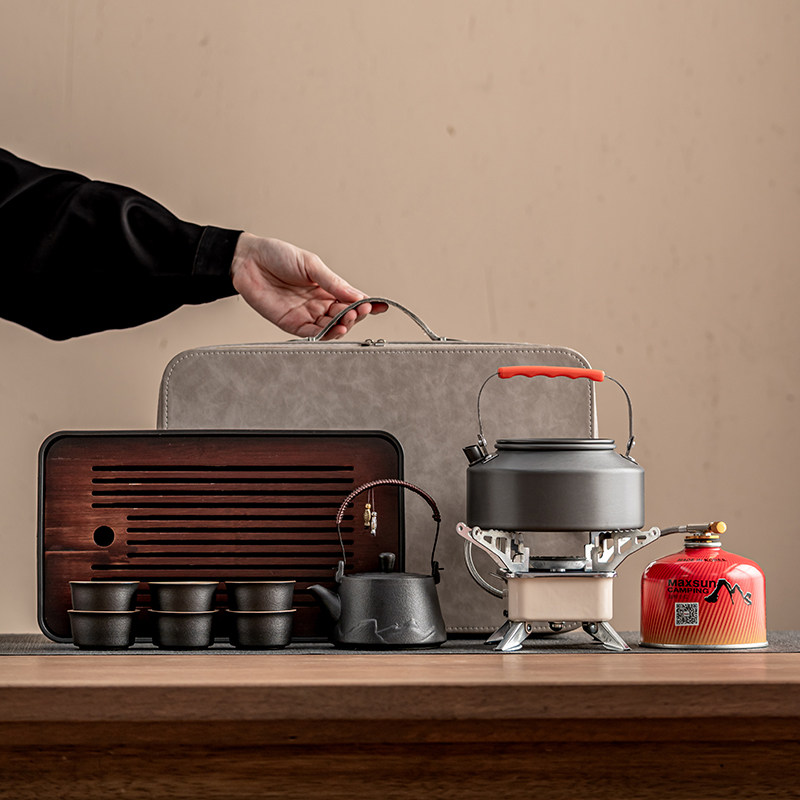 Stoneware kettle, multi-cup tea tray, outdoor set including travel bag, tea maker, cassette stove, portable tea set