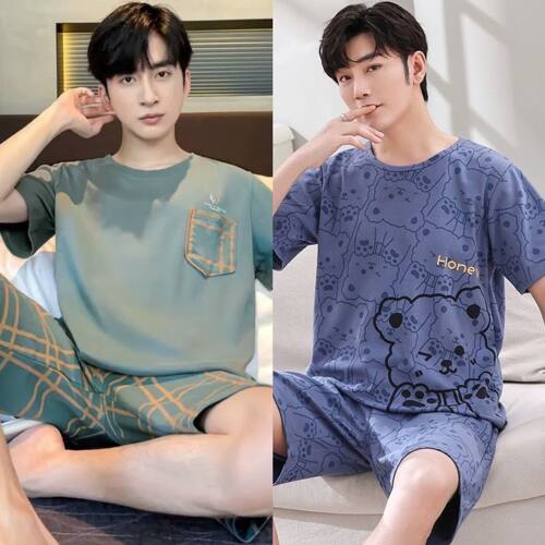 男士睡衣夏季纯棉100％全棉短袖短裤夏天薄款2026男款大码家居服 - 图0
