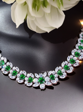 MJ轻奢饰品高级感珠宝绿色锆石项链耳环套装宴会礼服首饰奢华大牌