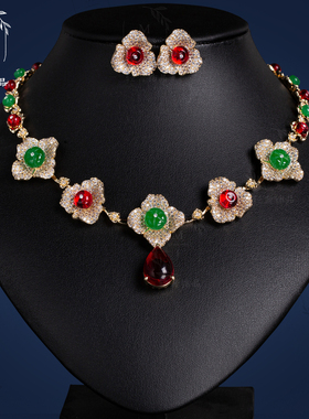轻奢花朵锆石微镶钻项链耳环套装
