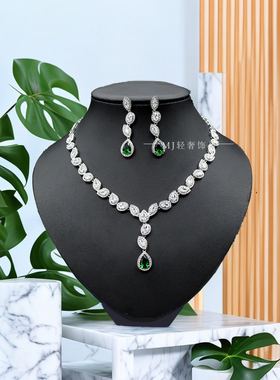 MJ轻奢饰品欧美红色锆石三件套链新娘婚纱宴会项链女配饰首饰大气