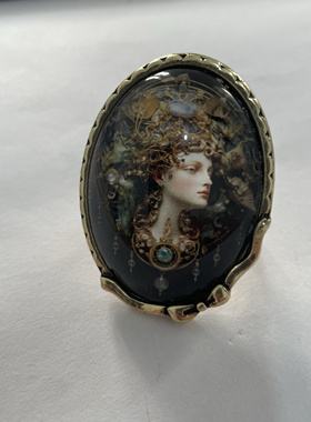 中古vintage西洋复古宫廷油画肖像画像琉璃封层打标轻奢女神戒指