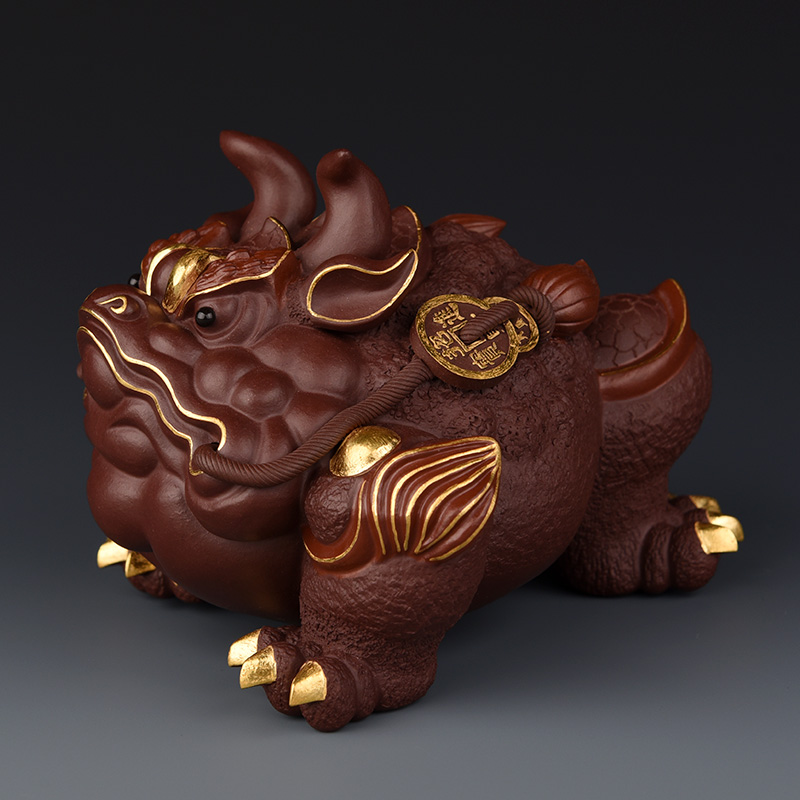 从简宜兴原矿紫砂茶宠手工描金招财金蟾茶玩茶道配件可养雕塑摆件