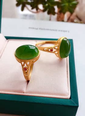 天然和田玉925银古法金磨砂戒指