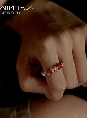 M-WINE 串珠果子黑红玛瑙戒指/设计师原创银饰手工制作高级简约