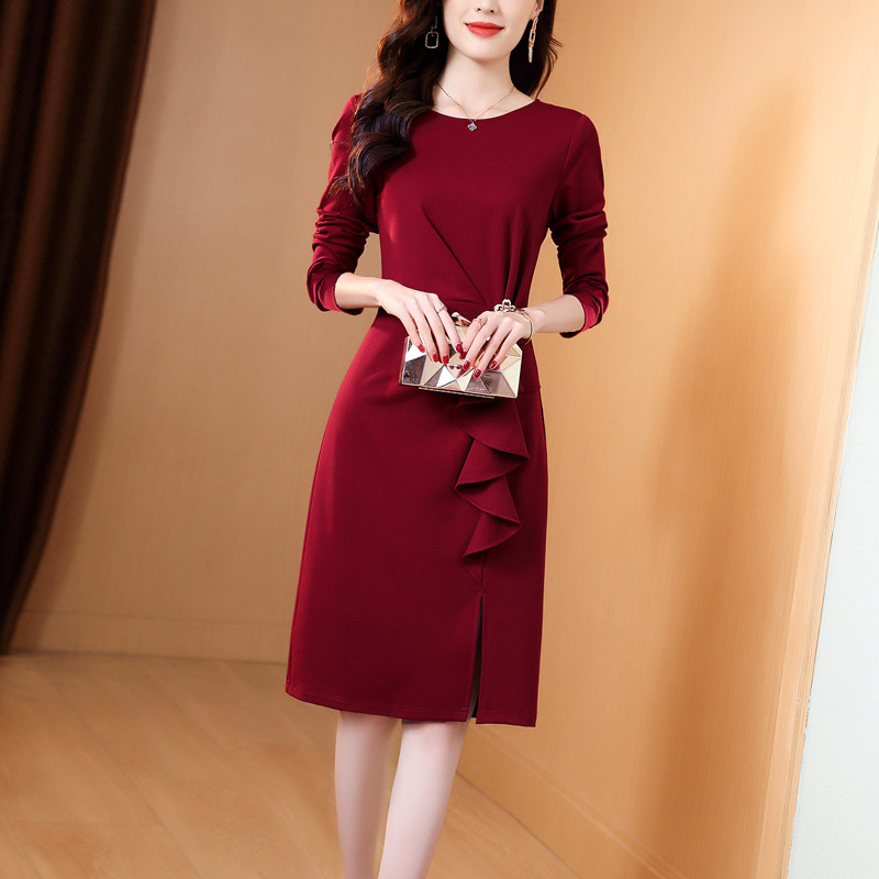 酒红色2022春夏新款高端名媛连衣裙 慕颜莉连衣裙