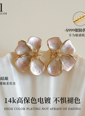 999纯银针粉色珐琅花朵耳钉漂亮