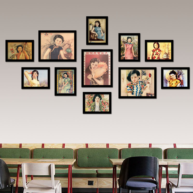 老上海广告画月份牌美女装饰画招贴画酒吧饭店组合墙画剧本杀挂画