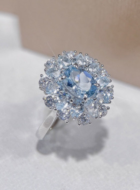 星赞轻奢珠宝925银镶约1.08克拉天然海蓝宝戒指冰莲花清冷感女戒