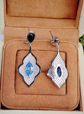 星赞轻奢珠宝轻奢S925银镶天然马眼型托帕石搭配黑色珐琅工艺耳饰