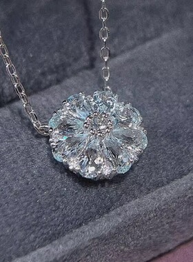 星赞轻奢珠宝925银约1.47克拉天然海蓝宝石花花项链海洋之花项链