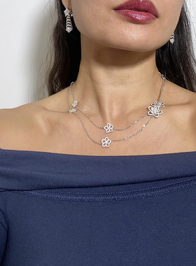 重工珠宝纯银花朵满钻毛衣链项链