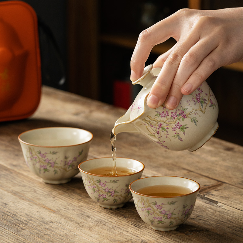 汝窑旅行茶具套装快客杯一壶二杯陶瓷户外喝茶装备便携茶具收纳包