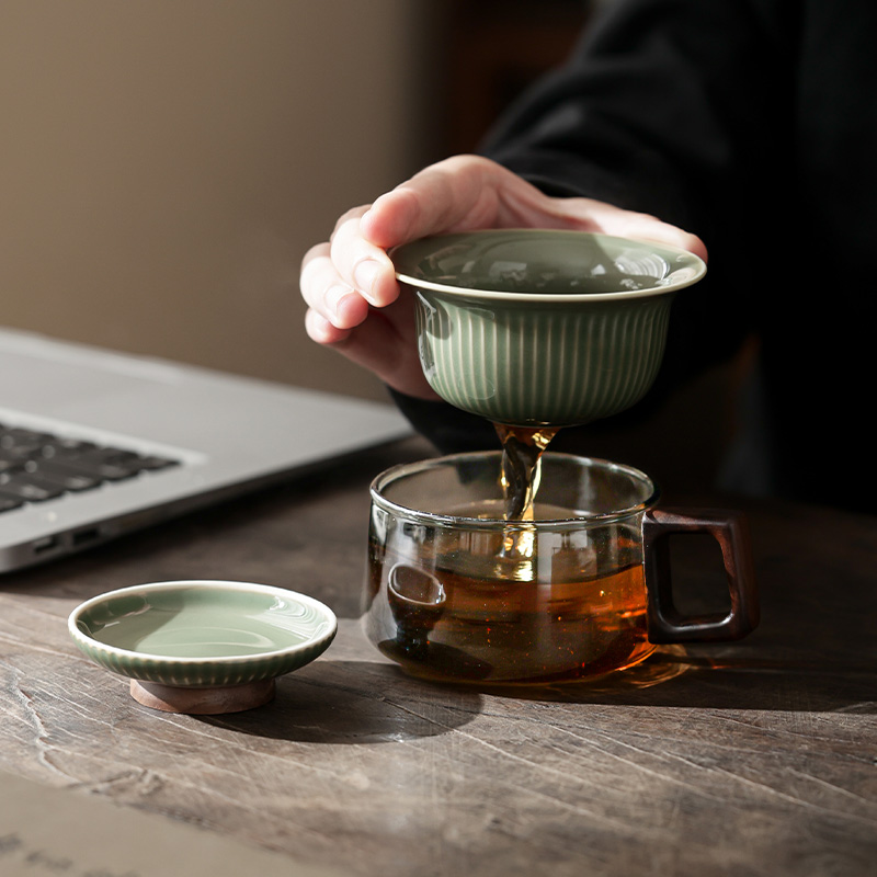越窑青瓷咖啡杯轻奢高档茶水分离泡茶杯玻璃杯家用办公喝茶杯水杯-图2