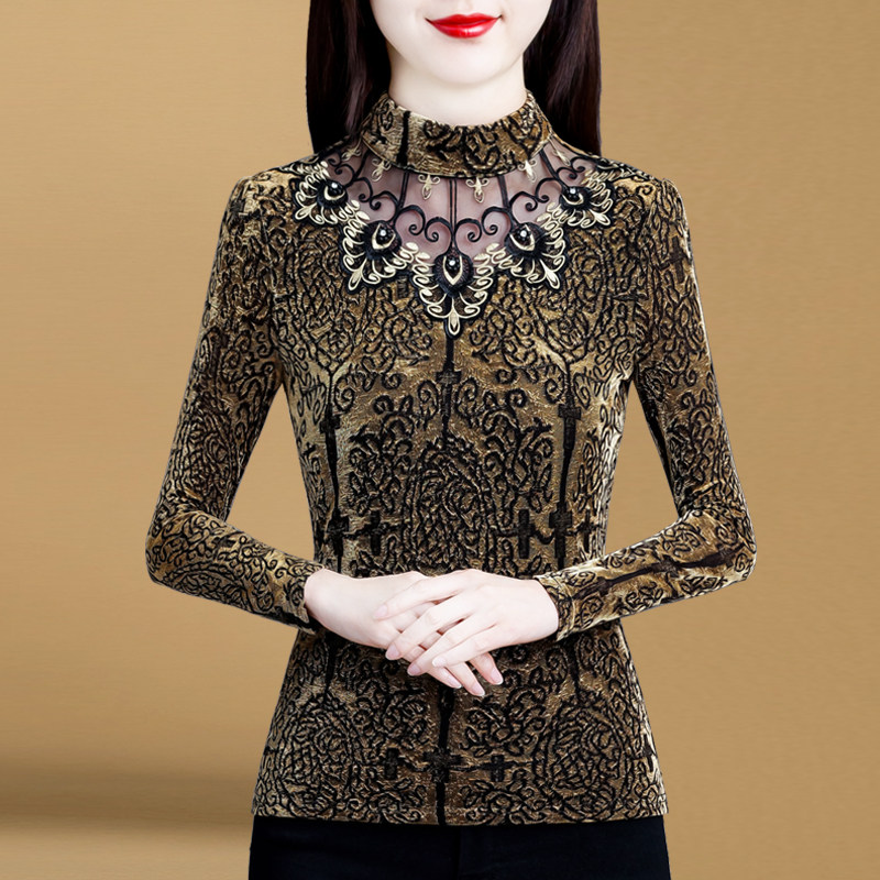 洋气半高领蕾丝长袖加绒新款打底衫 红鹿瑰人T恤