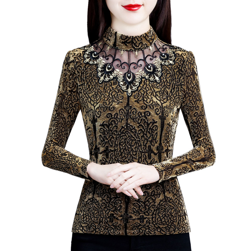 洋气半高领蕾丝长袖加绒新款打底衫 红鹿瑰人T恤