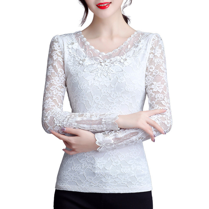 白色气质加绒蕾丝长袖2020打底衫 红鹿瑰人蕾丝衫/雪纺衫