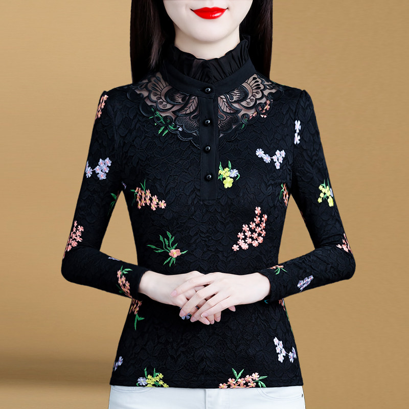 加绒加厚蕾丝2021年新款半高领小衫 红鹿瑰人蕾丝衫/雪纺衫