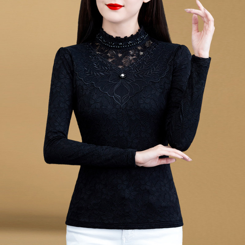加绒黑色蕾丝秋冬2021新款气质小衫 红鹿瑰人蕾丝衫/雪纺衫