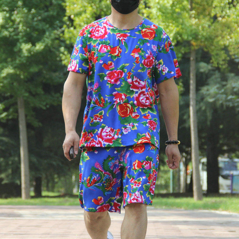 夏季棉绸睡衣家居服套装东北大花演出服装男士短裤短袖圆领T恤衫,淘宝优惠券,粉丝福利购,淘宝优惠卷